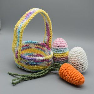 Hand Crafted Crochet Kitty Cat Easter Basket with Three Catnip Toys